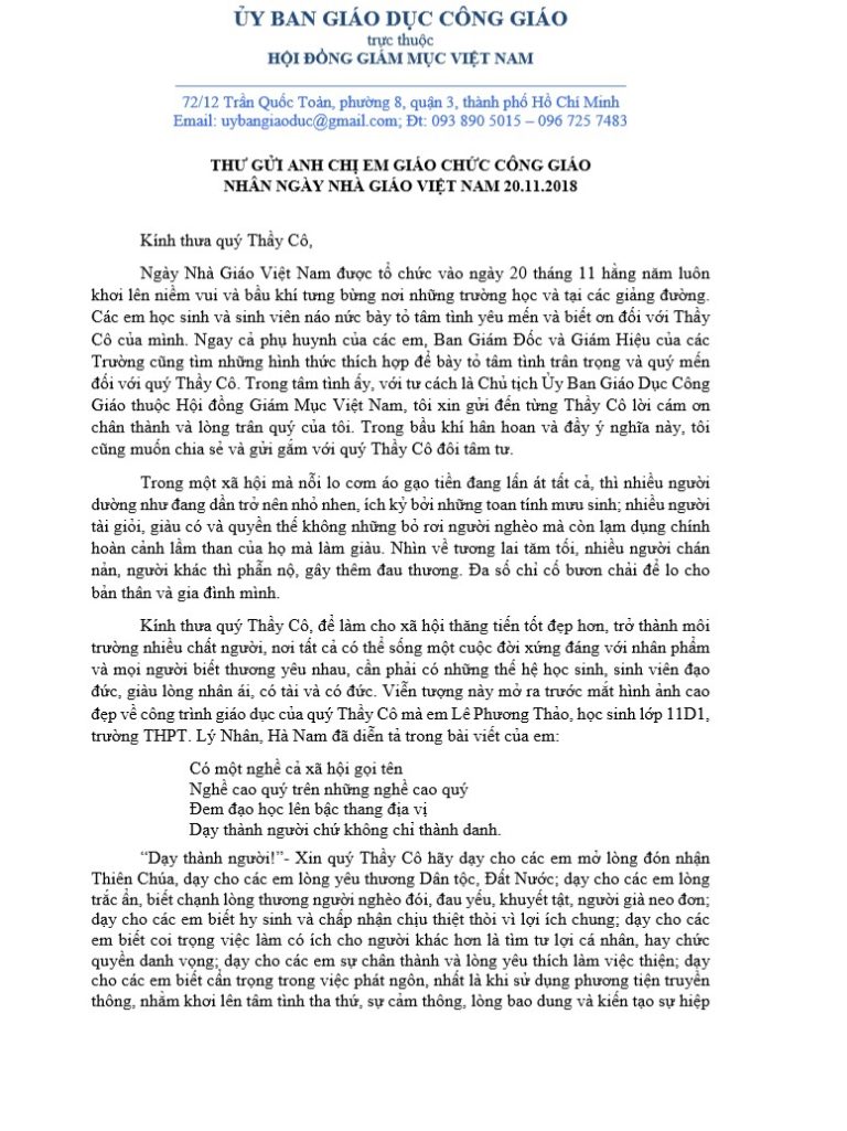 Thư gửi Anh Chị Em Giáo Chức Công Giáo – Đức Cha Giuse Đinh Đức Đạo