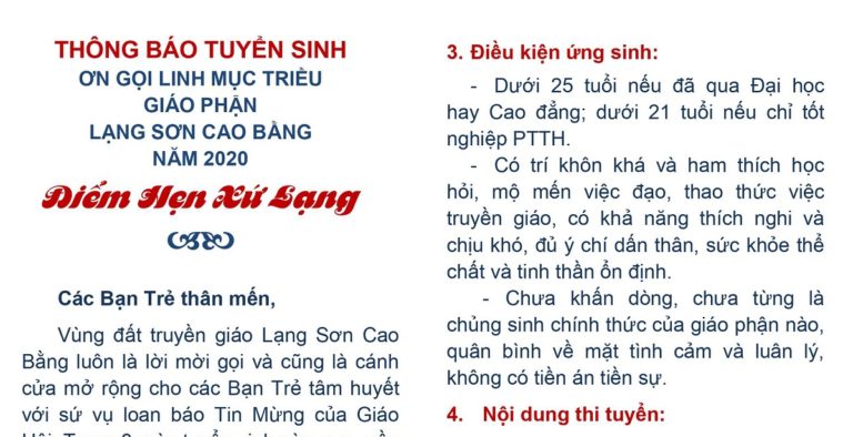 Thông báo Tuyển sinh Ơn gọi Linh mục Giáo phận “Điểm Hẹn Xứ Lạng 2020”